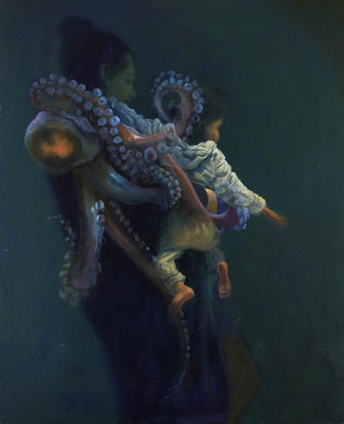 Peinture de Mathieu Clément : femme, enfant et poulpe dans un univers aquatique