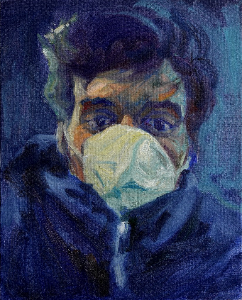 Autoportrait peint de Mathieu Clément portant un masque blanc, dans une palette de bleus et de verts.