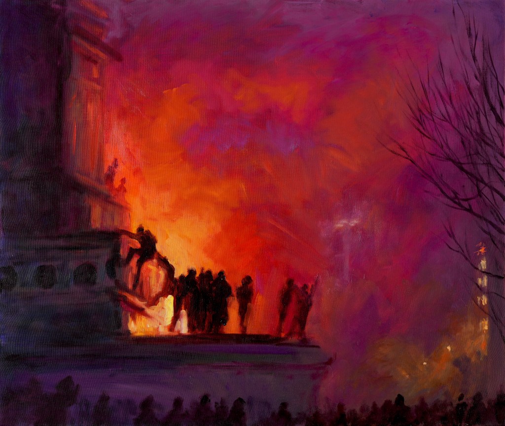 Peinture de Mathieu Clément représentant des silhouettes surélevées et une foule, sous un ciel rouge et violet, place de la Bastille.