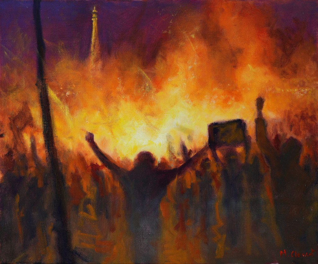 Peinture à l’huile de Mathieu Clément montrant une foule devant un brasier, place de la Concorde, dans des tons orange, jaune et violet.