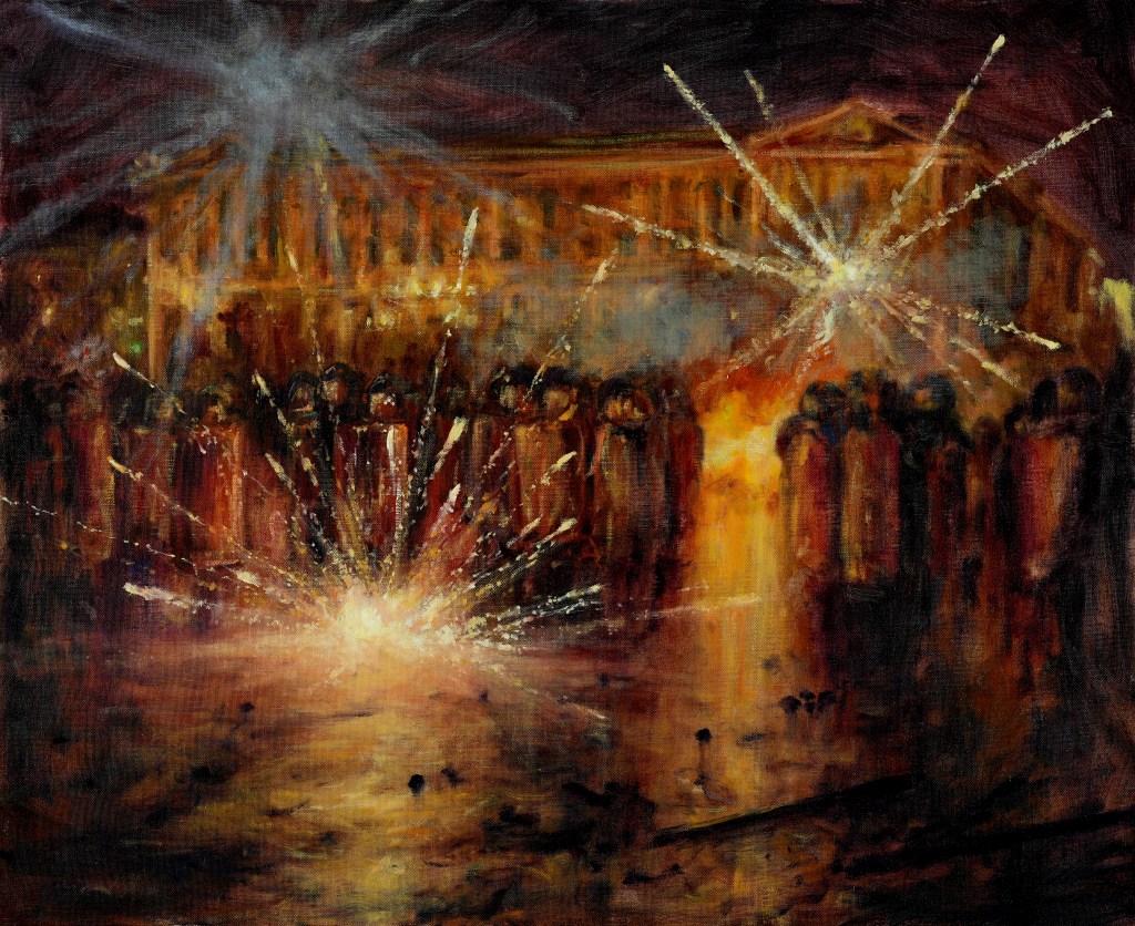 Peinture nocturne de Mathieu Clément représentant une ligne de forces de l’ordre devant des feux et des étincelles sur la place de la Concorde.