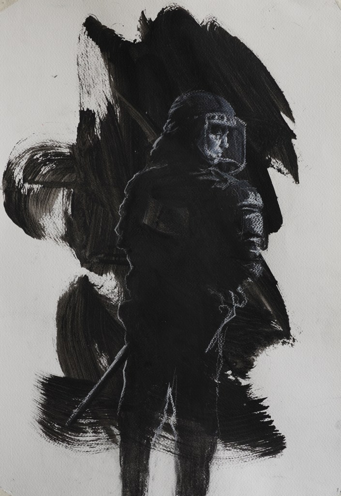 Dessin au fusain et à la craie blanche de Mathieu Clément représentant un CRS debout dans une composition aux noirs puissants.