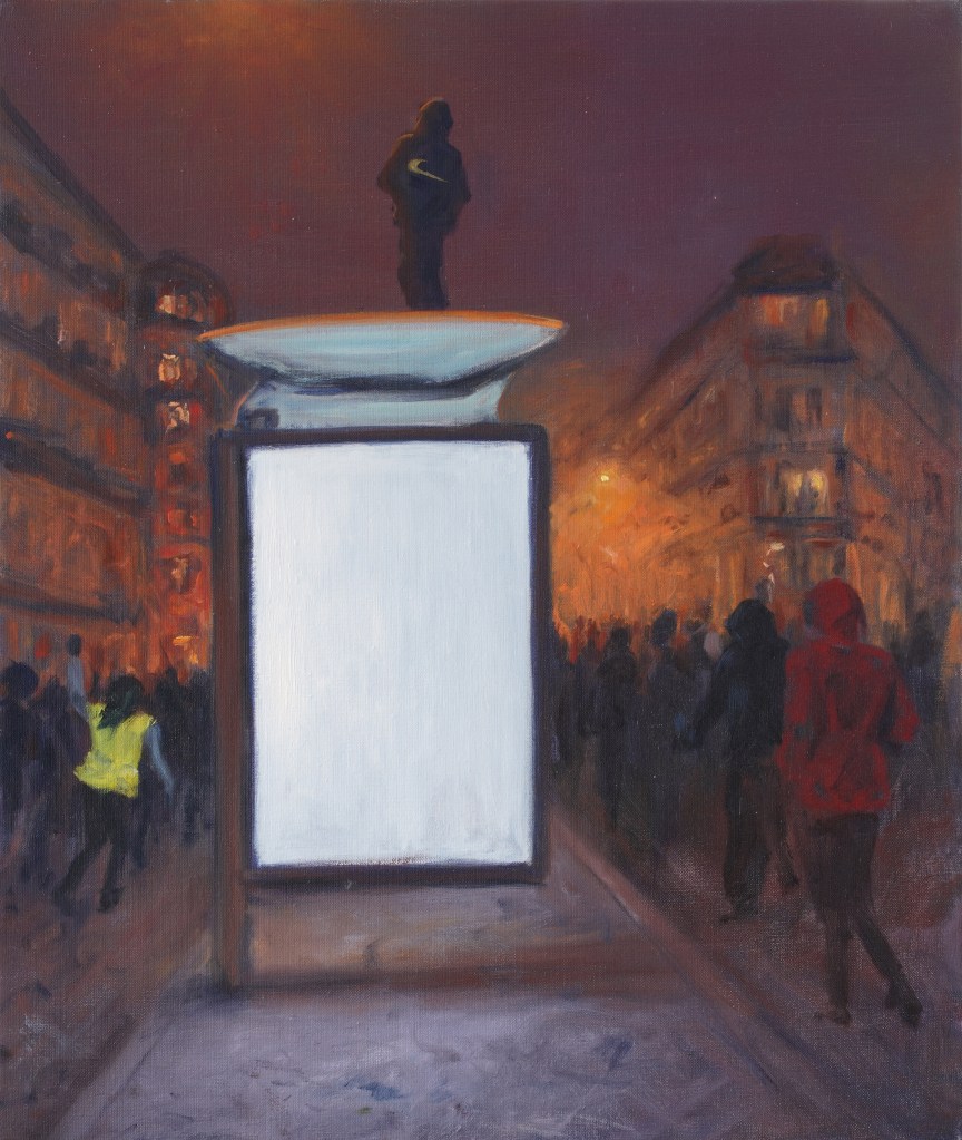 Peinture « Foule à Paris » de Mathieu Clément : attroupement urbain autour d’un panneau publicitaire blanc, au milieu de manifestants et de fumées, 2021.