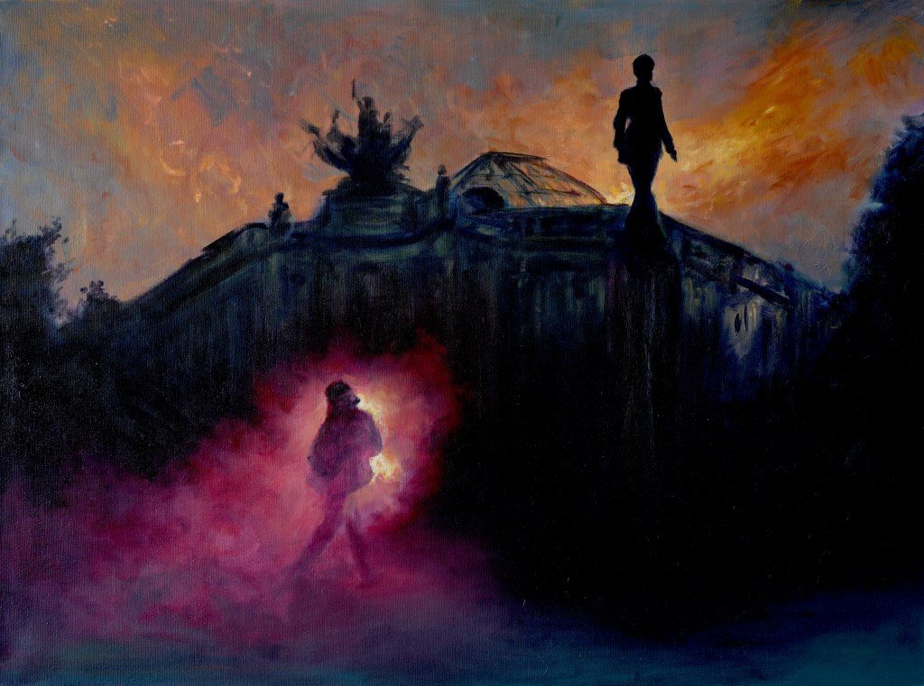 Peinture de Mathieu Clément montrant une silhouette debout en hauteur devant une architecture monumentale dans une atmosphère de fumée violette.