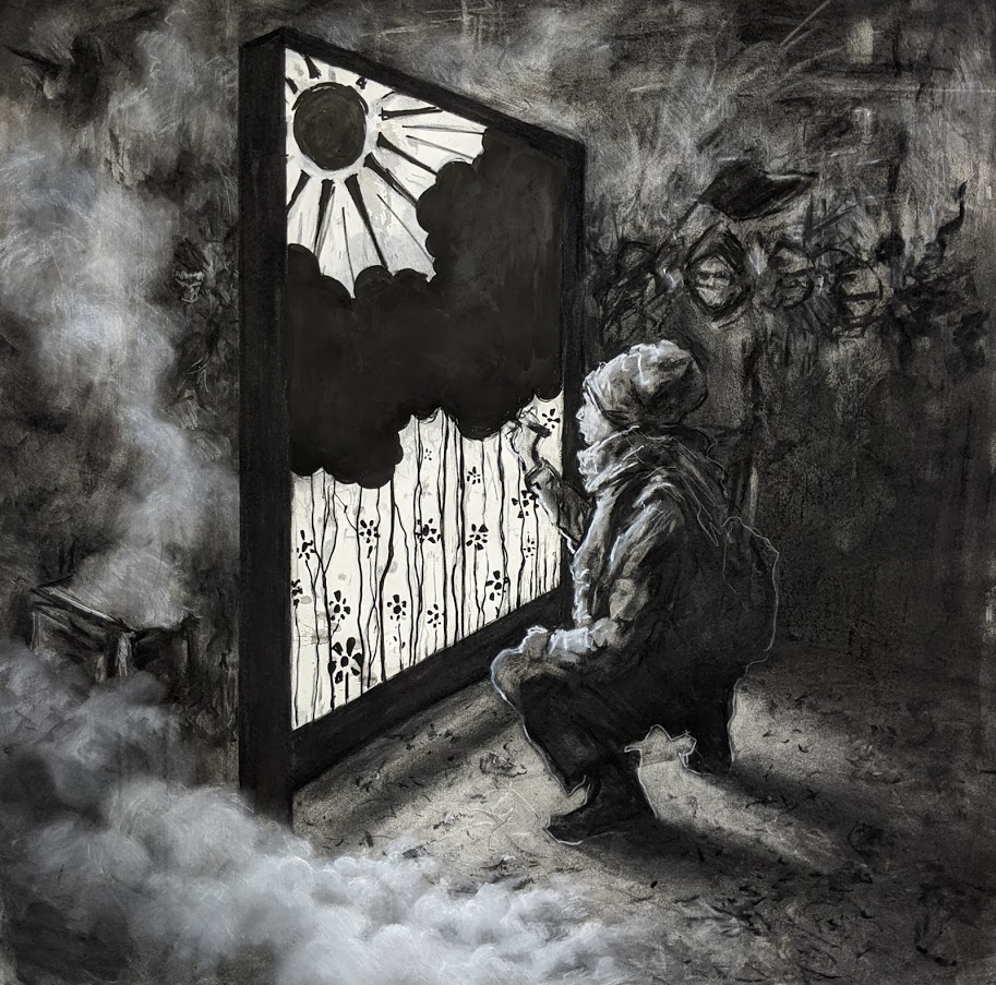 Dessin de Mathieu Clément au fusain, à la craie blanche et au feutre consacré à un manifestant qui dessine.