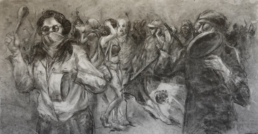 Dessin au fusain de Mathieu Clément représentant une manifestation féministe et un rassemblement de figures.