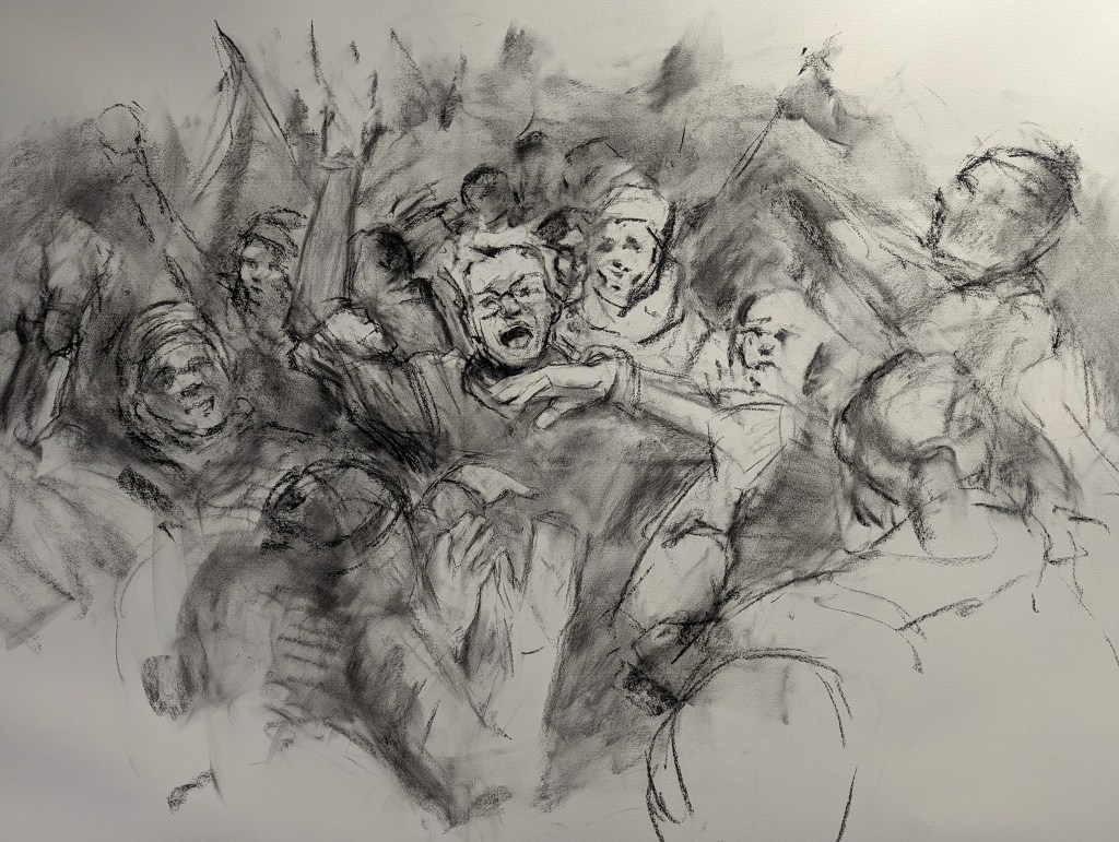 Grand dessin au fusain de Mathieu Clément montrant des manifestants aux visages expressifs et des corps en mouvement.
