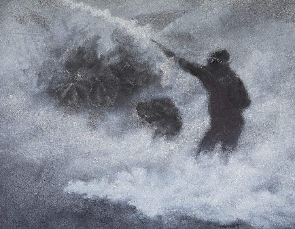 Dessin à la craie blanche de Mathieu Clément consacré à une manifestation dans une atmosphère de gaz lacrymogène.