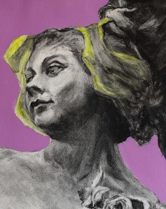 Détail d’un dessin de Mathieu Clément : visage de la statue de la République en noir et blanc sur fond mauve.