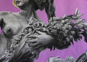 Détail du dessin de Mathieu Clément sur la statue de la République : buste féminin sculpté, fleurs et feuillages en noir et blanc, fond mauve.