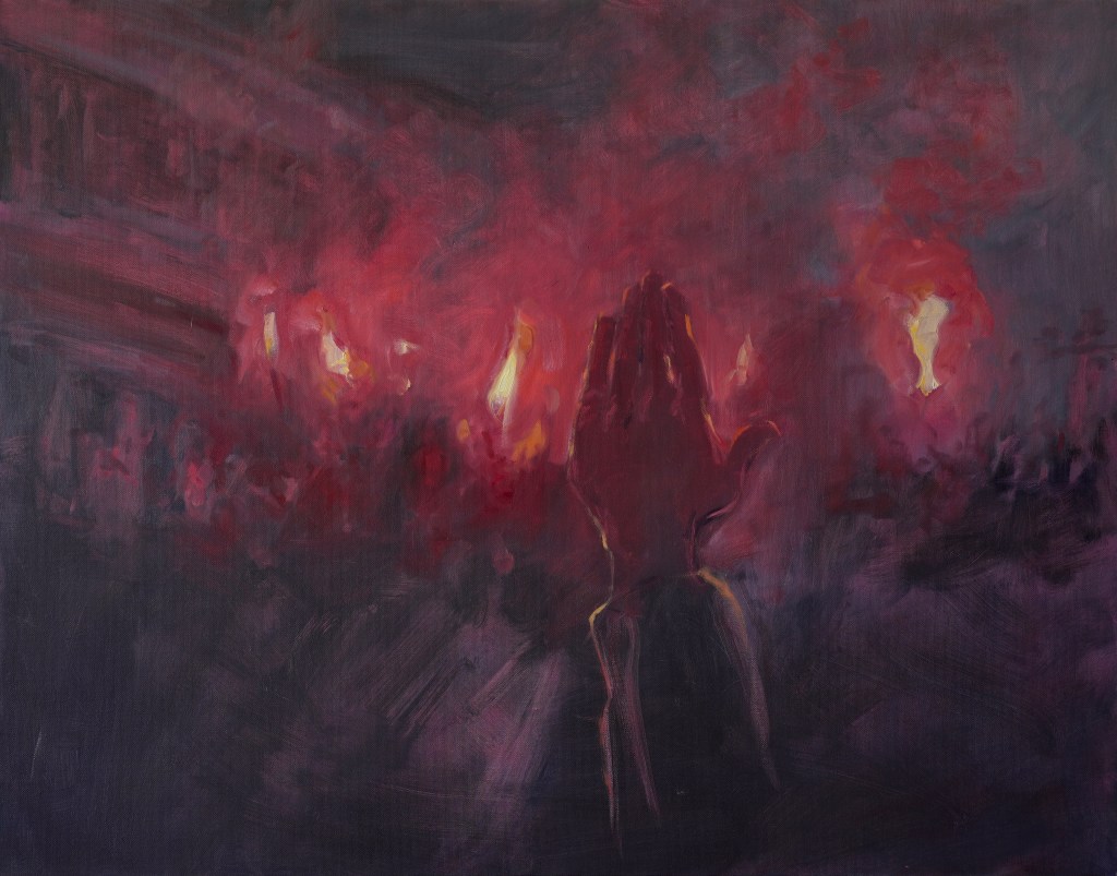 Peinture de Mathieu Clément représentant une foule au milieu de fumées rouges et de lumières de torches lors d’une manifestation.