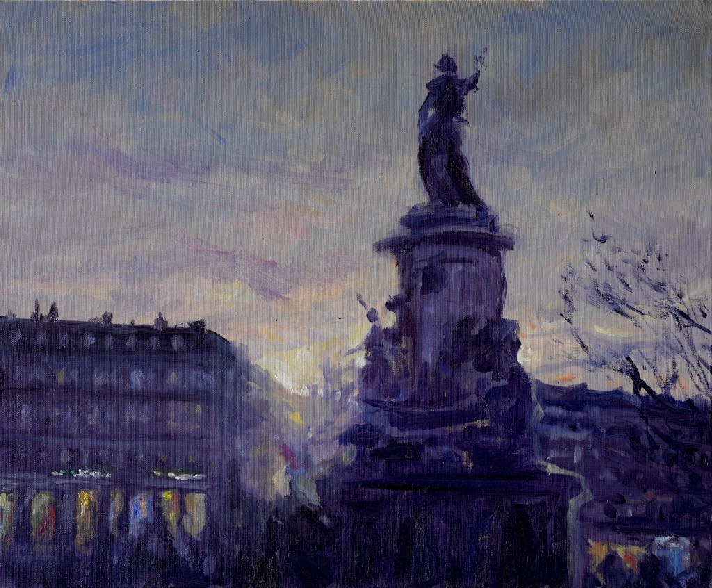 Peinture à l’huile de Mathieu Clément montrant la statue de la place de la République dans une lumière mauve et jaune.
