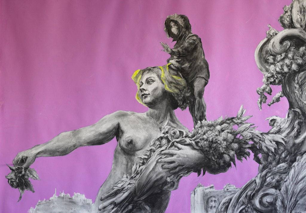 Dessin de Mathieu Clément montrant une sculpture de la place de la République sur un fond rose, mêlant fusain et acrylique.